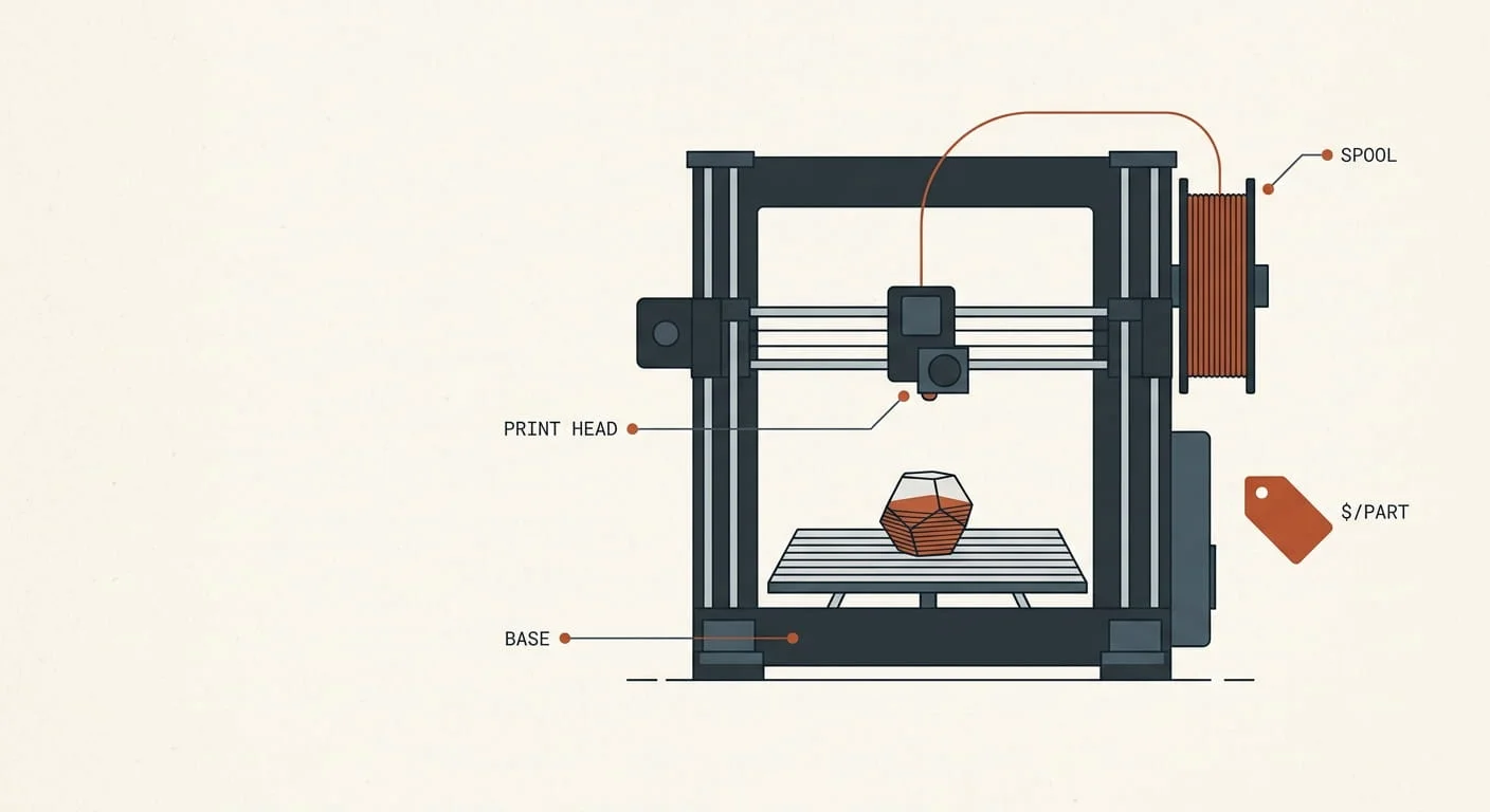 3D printing cost calculator diagram showing print cost factors per part