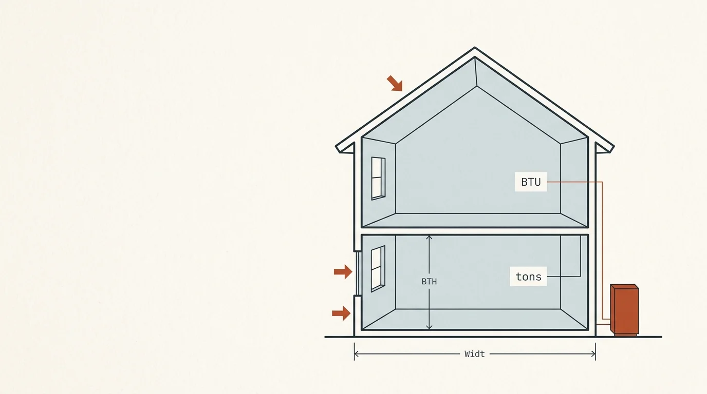 Air conditioner size calculator diagram showing BTU and tonnage sizing factors