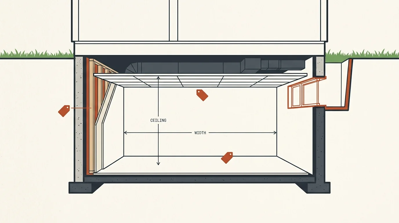 Basement finishing cost calculator diagram showing wall, ceiling and floor costs