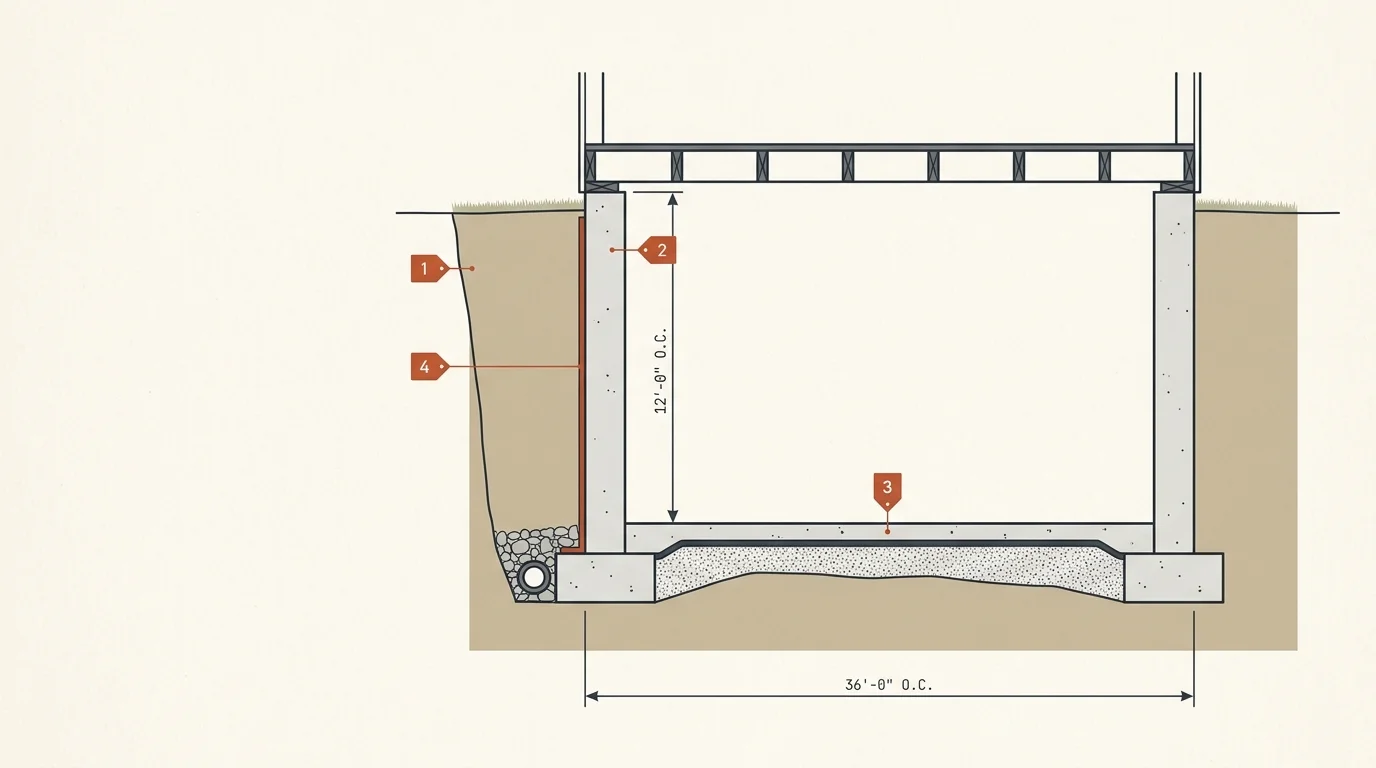 Basement foundation cost calculator diagram showing wall, slab and waterproofing