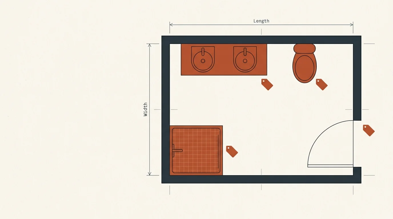 Bathroom remodel cost estimator floor plan showing fixture costs and room size