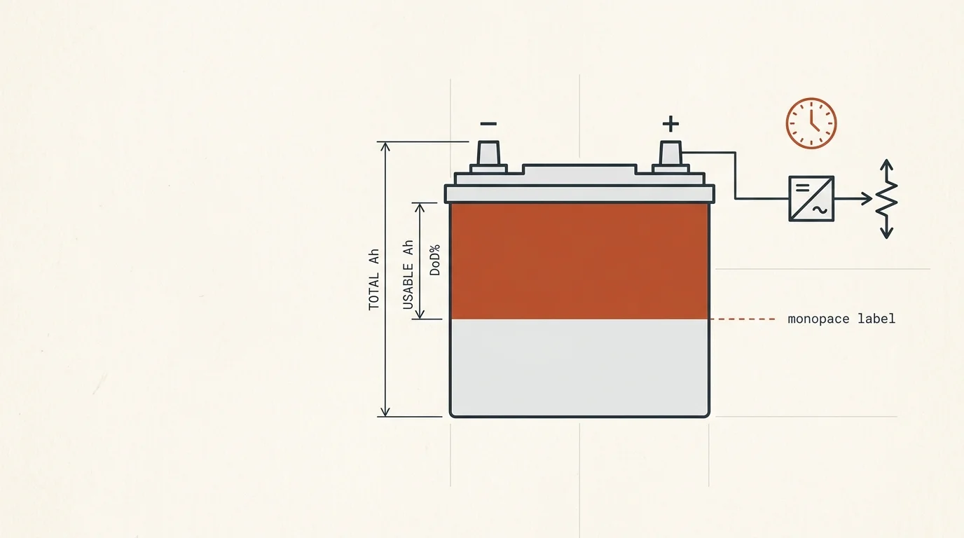 Battery run time calculator diagram showing usable capacity and depth of discharge