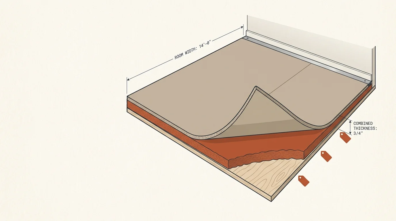 Carpet installation cost calculator diagram showing carpet, padding and subfloor