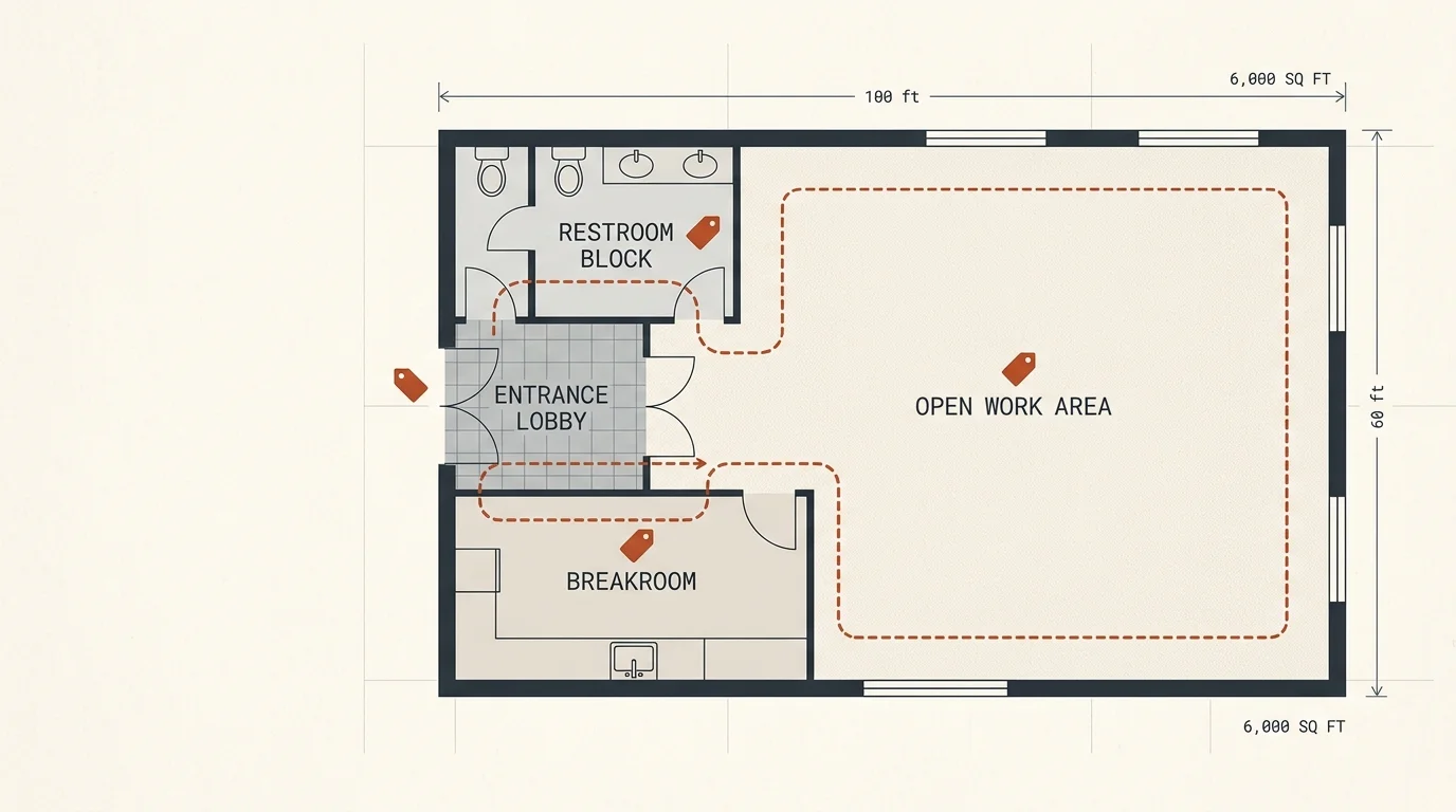 Commercial cleaning cost calculator floor plan showing zones and cost per sq ft
