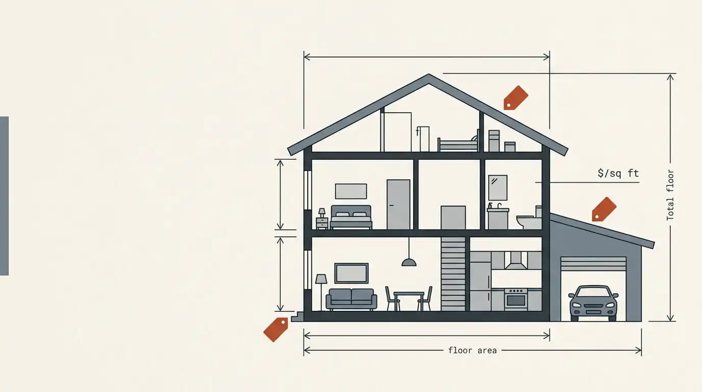 Flat vector illustration of a modern two-storey house shown straight-on as a simple geometric cross-section. Thin dark charcoal (#273138) blueprint-style dimension lines and arrows measuring width, height and floor area. Small terracotta rust (#C1512E) price tag markers placed near the foundation, garage and roof. A subtle "$/sq ft" label in monospace type. Warm off-white background with soft paper texture, muted slate-grey accents. Clean minimal composition with generous negative space on the left for a headline. Technical architectural drawing aesthetic mixed with modern infographic style. No people, no text paragraphs, no photorealism. 16:9 aspect ratio, crisp edges, high detail.