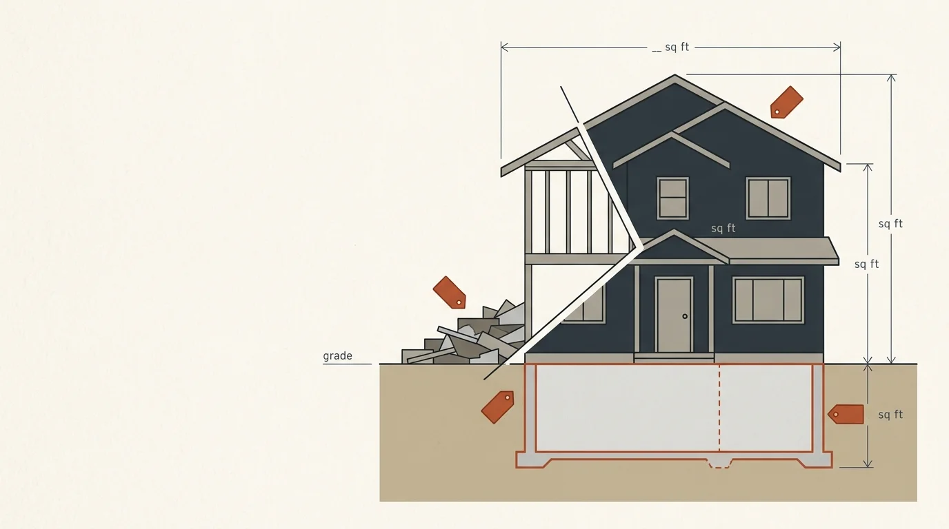 House demolition cost calculator diagram showing structure, debris and foundation