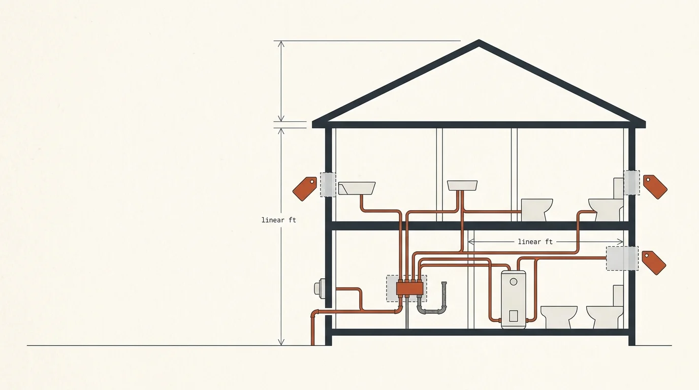 House repiping cost calculator diagram showing pipe network and wall access