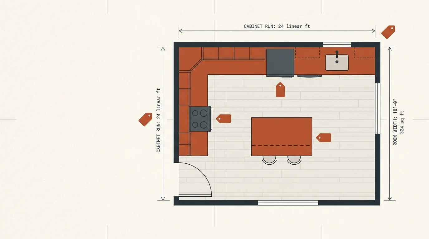 Kitchen remodel cost estimator floor plan showing cabinet and countertop costs