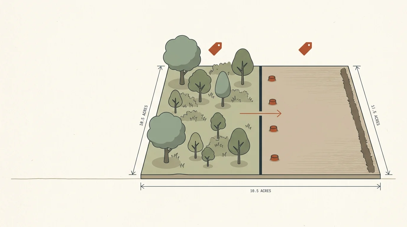 Land clearing cost calculator diagram showing wooded and cleared acreage
