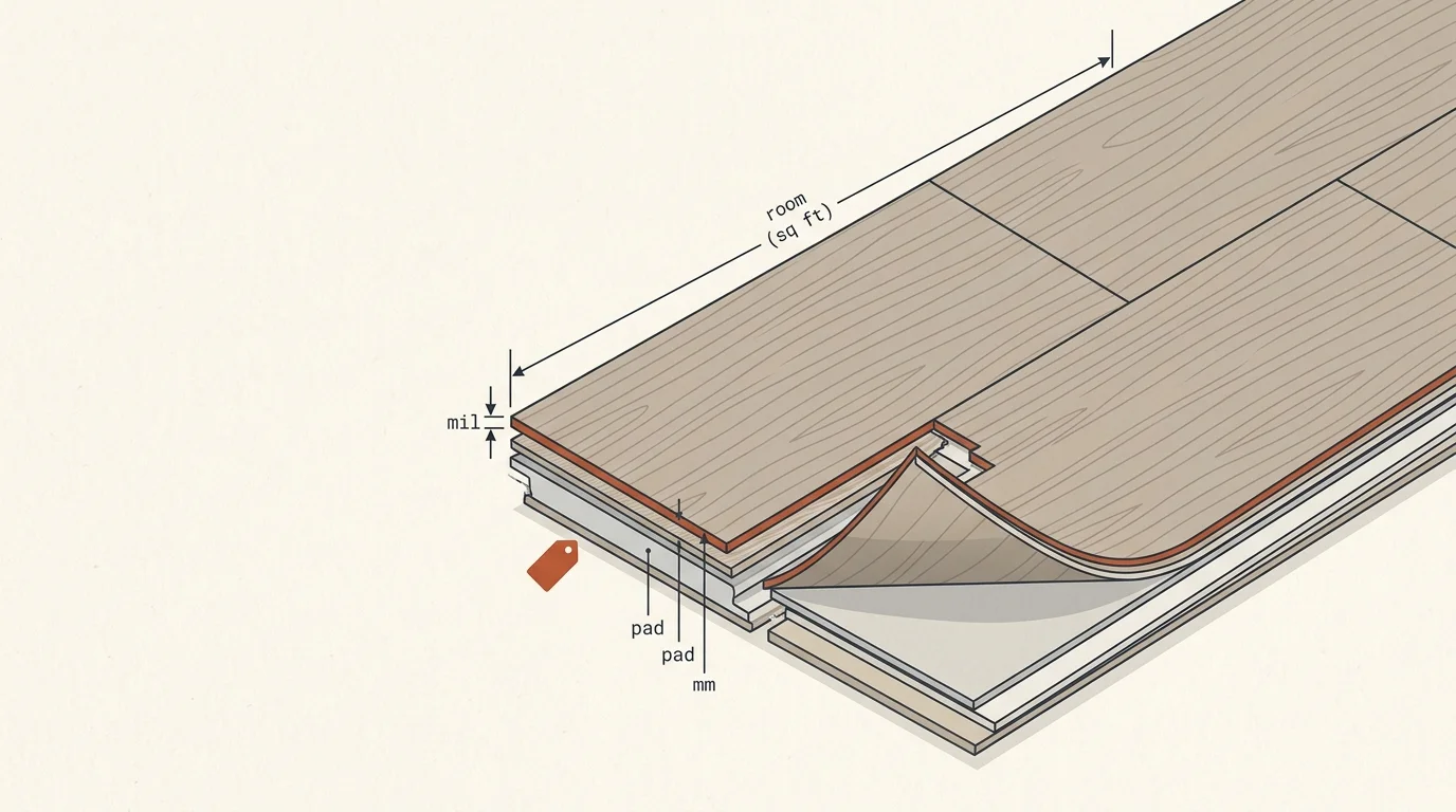 Luxury vinyl plank flooring cost calculator diagram showing plank layers