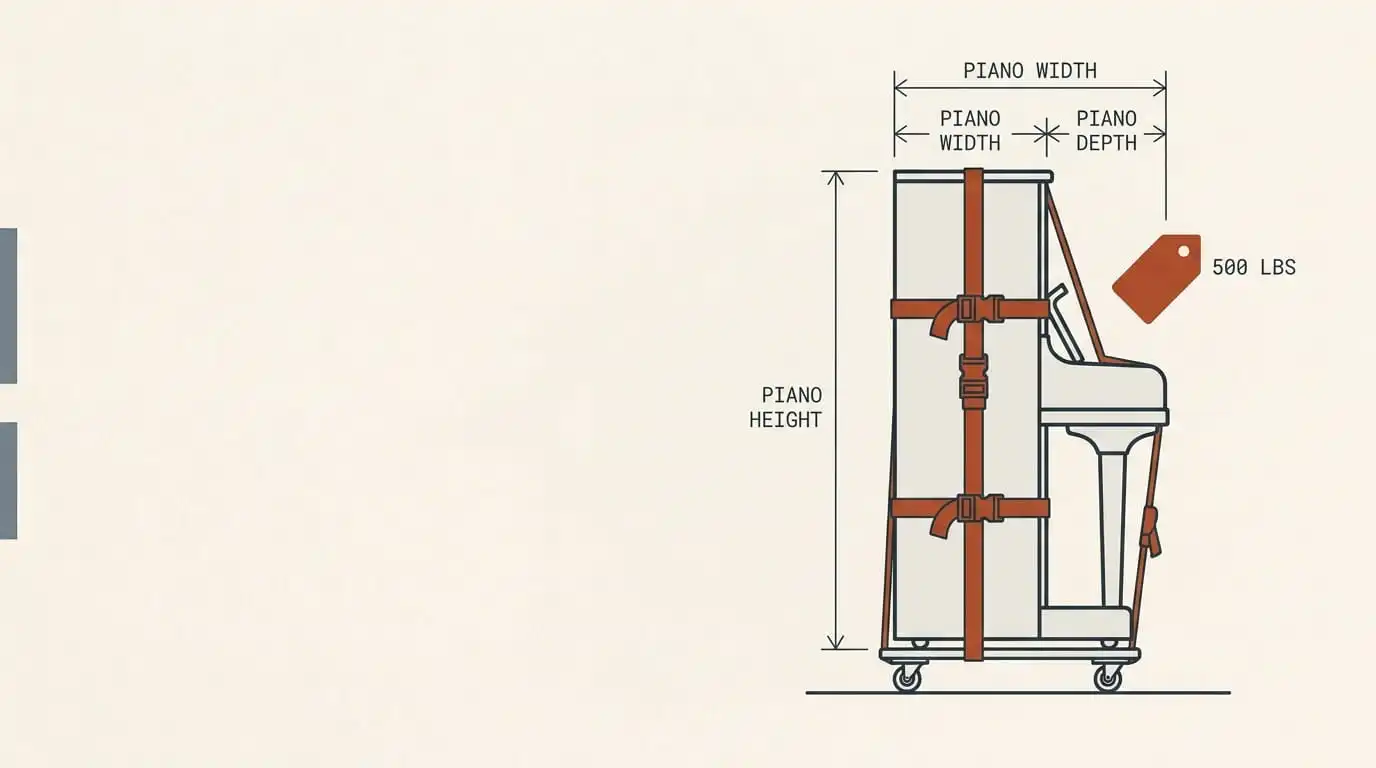 Flat vector illustration of an upright piano shown in straight-on side profile, resting on a simple moving dolly. Terracotta rust (#C1512E) moving straps wrapped around the piano body. Thin dark charcoal (#273138) blueprint-style dimension lines and arrows measuring the piano height and width, with small monospace labels. A terracotta price tag marker and a small weight label floating beside the instrument. Warm off-white background with subtle paper texture and muted slate-grey accents. Clean minimal composition, generous negative space on the left for a headline. Technical drawing aesthetic mixed with modern infographic style. No people, no photorealism, no text paragraphs. 16:9 aspect ratio, crisp edges, high detail.