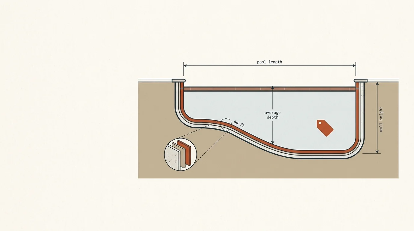 Pool resurfacing cost calculator diagram showing interior surface area and finish