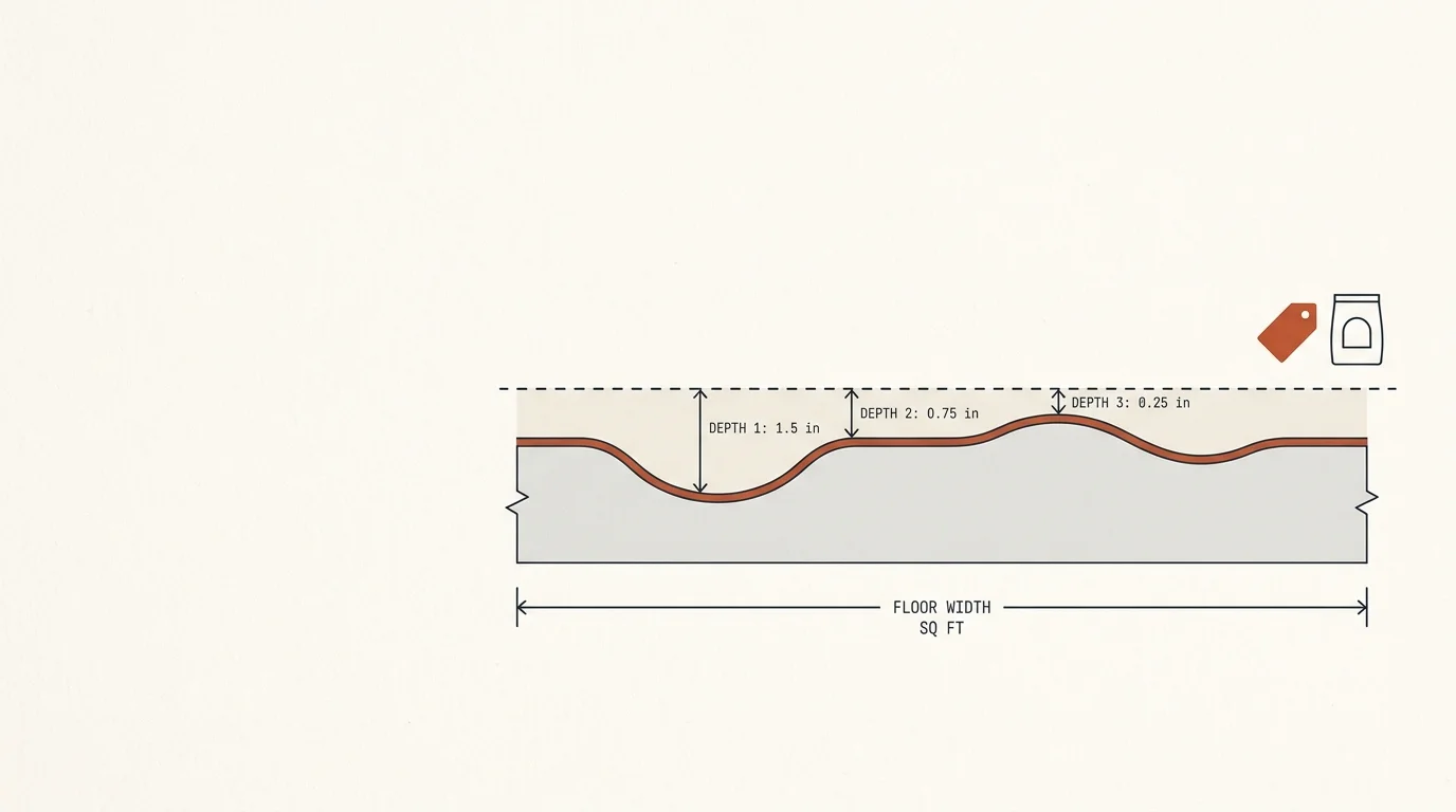 Self leveling concrete calculator diagram showing pour depth over uneven subfloor