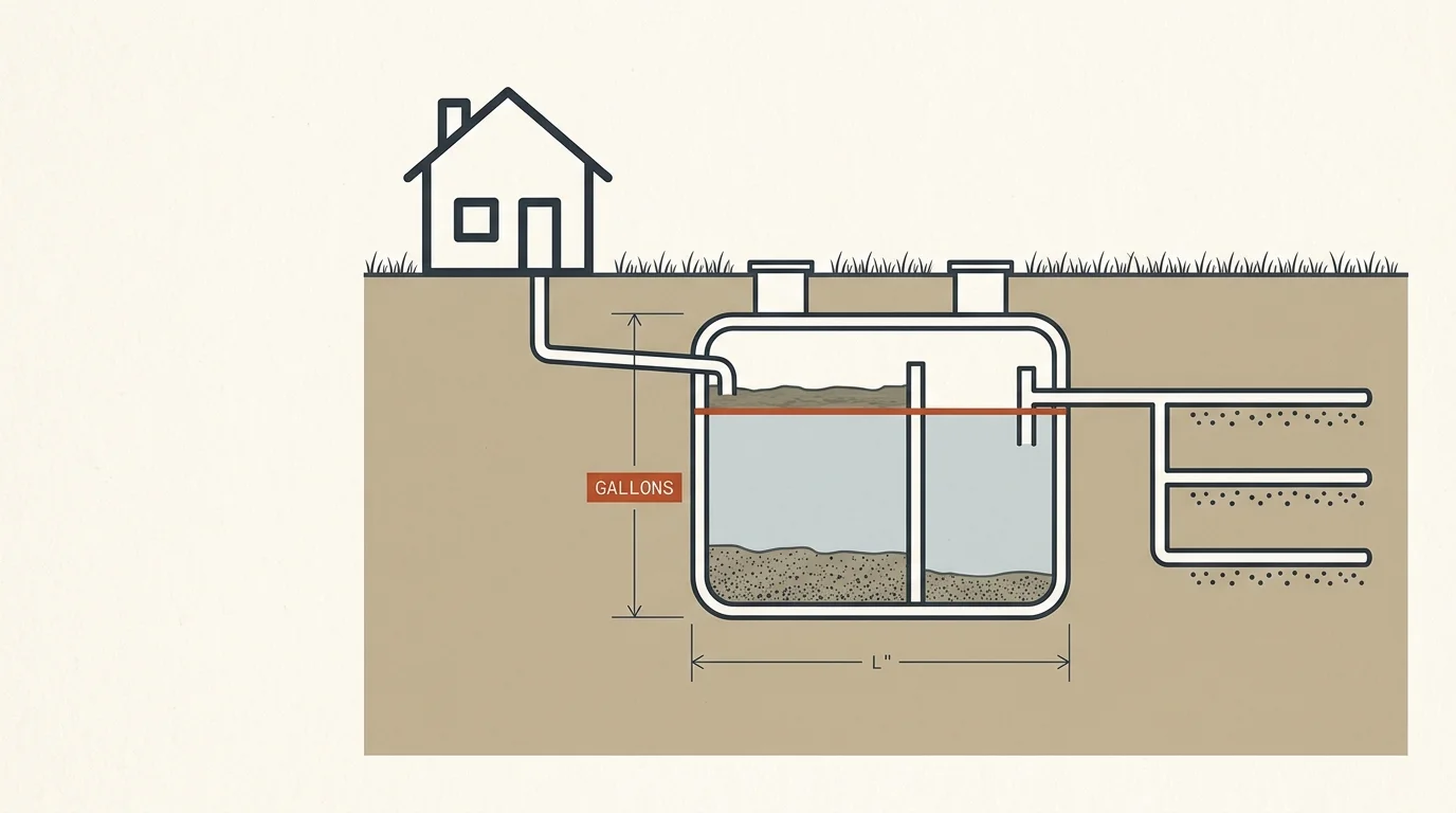Septic tank size calculator diagram showing tank capacity in gallons