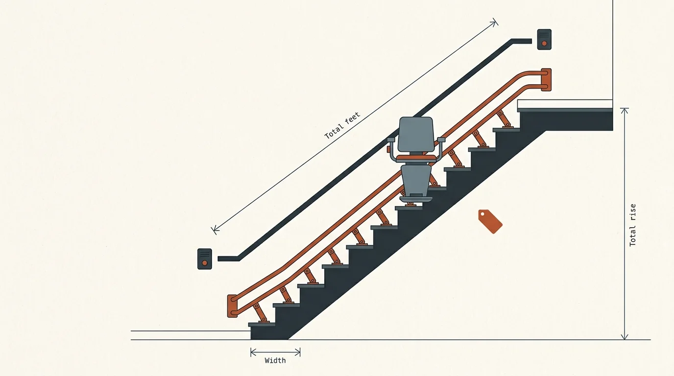 Stair lift cost calculator diagram showing rail length and staircase rise
