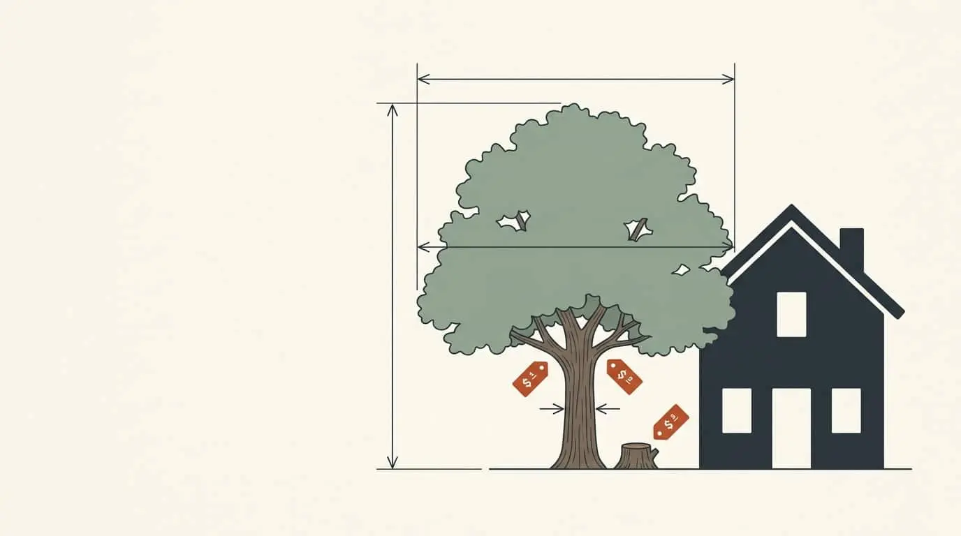 Flat vector illustration of a mature deciduous tree next to a simple two-storey house silhouette, viewed straight-on. Thin dark charcoal (#273138) blueprint-style dimension lines and arrows measuring the tree height, canopy spread and trunk diameter. Small terracotta rust (#C1512E) price tag markers placed near the trunk and stump. Muted sage-green foliage, warm off-white background with subtle paper texture. Clean minimal composition, generous negative space on the left for a headline. Technical-drawing aesthetic mixed with modern infographic style. No people, no chainsaws, no text paragraphs. 16:9 aspect ratio, crisp edges, high detail.