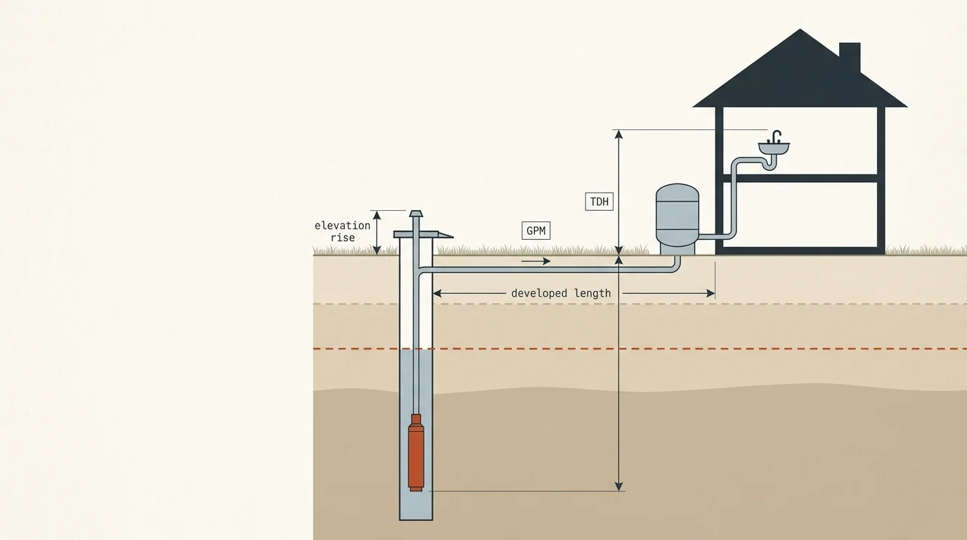 Well pump size calculator diagram showing total dynamic head and water level