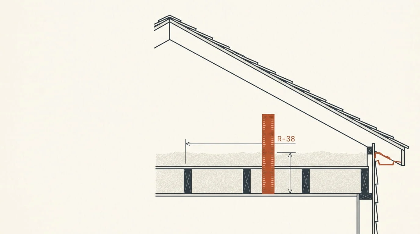Blown in insulation calculator diagram showing attic insulation depth and R-value