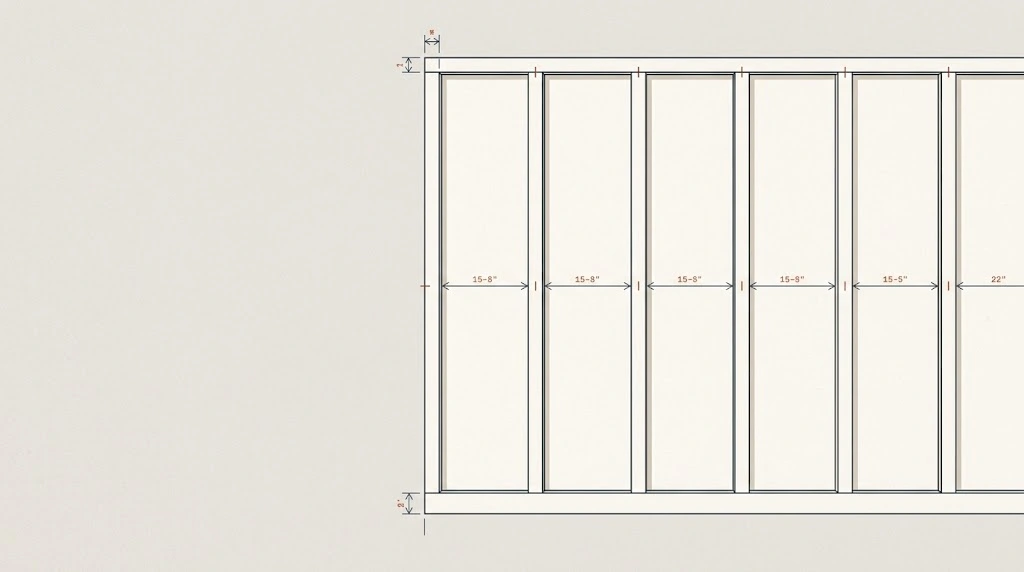 Flat vector illustration of a modern board and batten accent wall,  viewed straight-on. Evenly spaced vertical wooden battens in warm  off-white, with thin dark slate blueprint-style dimension lines and  arrows drawn between each batten. Small monospace measurement labels  above the arrows. Terracotta rust accent colour (#C1512E) used for  the measurement highlights. Dark charcoal line work (#273138). Clean  minimal composition, generous negative space on the left for text,  soft neutral background, subtle paper texture. Technical-drawing  aesthetic mixed with interior design mood board. No people, no text  paragraphs. 16:9 aspect ratio, high detail, crisp edges.