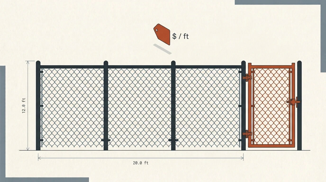 Chain link fence cost calculator diagram showing fence height and price per foot