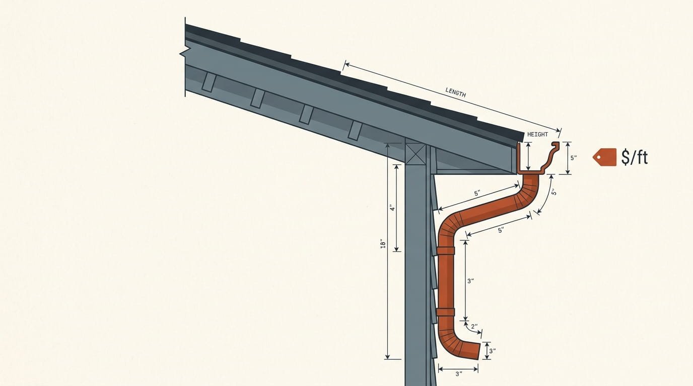 Gutter installation cost calculator diagram showing gutter length and price per foot