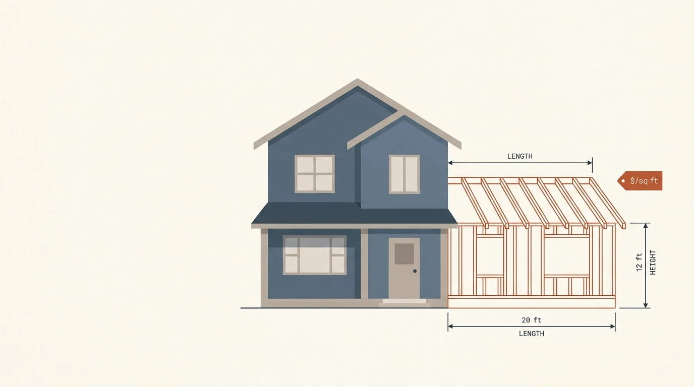 Home addition cost calculator diagram showing house extension and cost per square foot