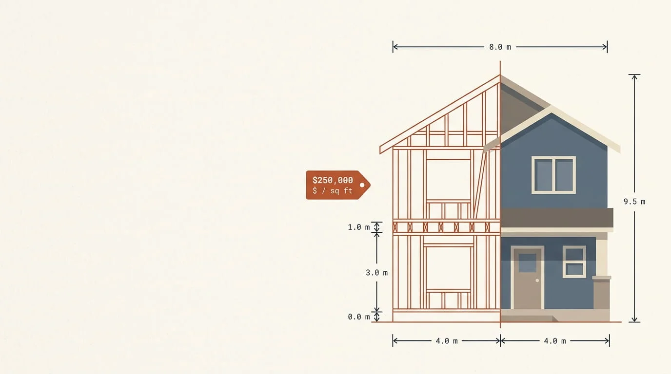 Home replacement cost calculator diagram showing house rebuild cost factors