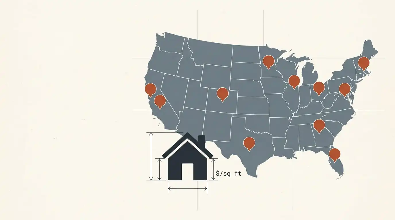 Construction cost per square foot by zip code calculator showing regional price map
