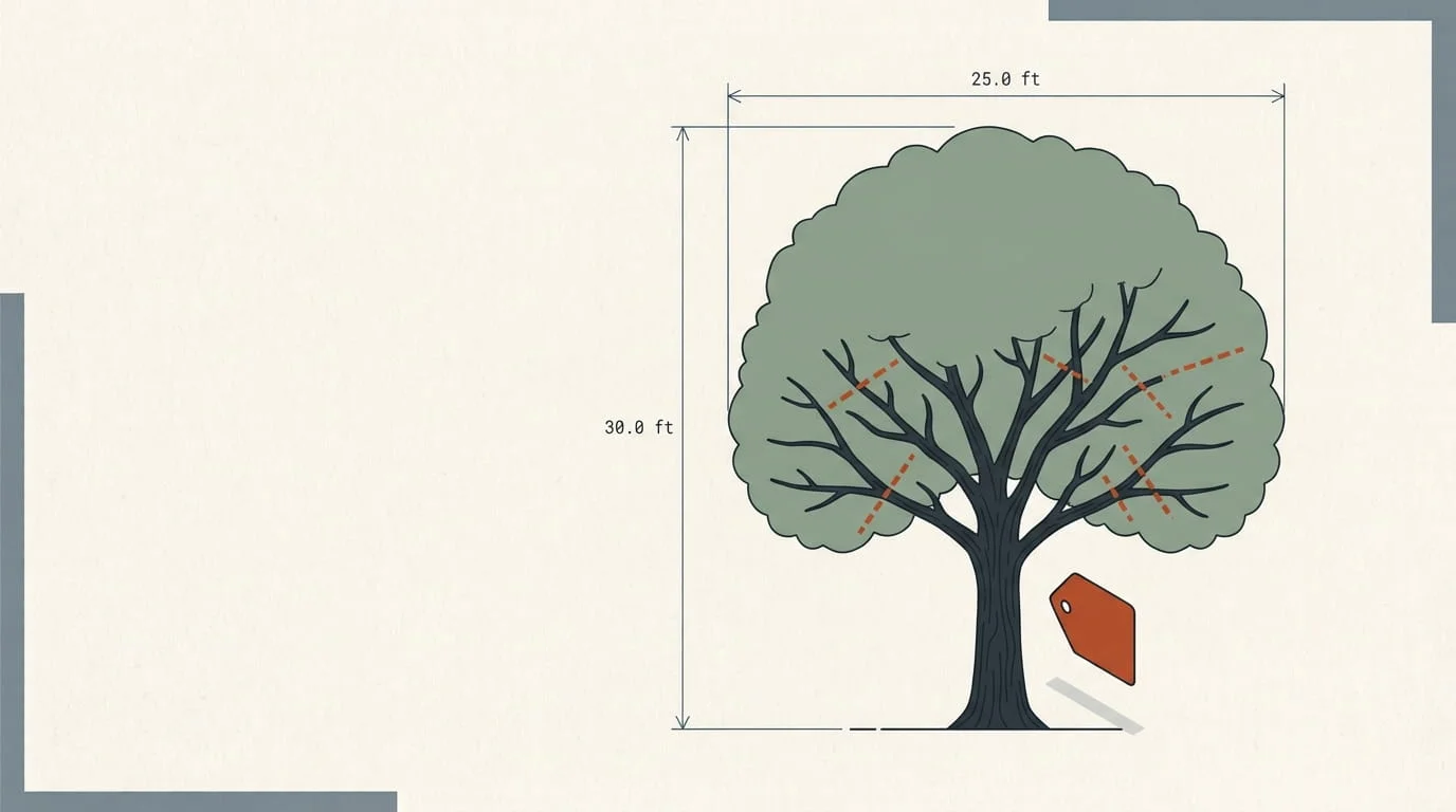 Tree trimming cost calculator diagram showing pruning cut lines and price factors
