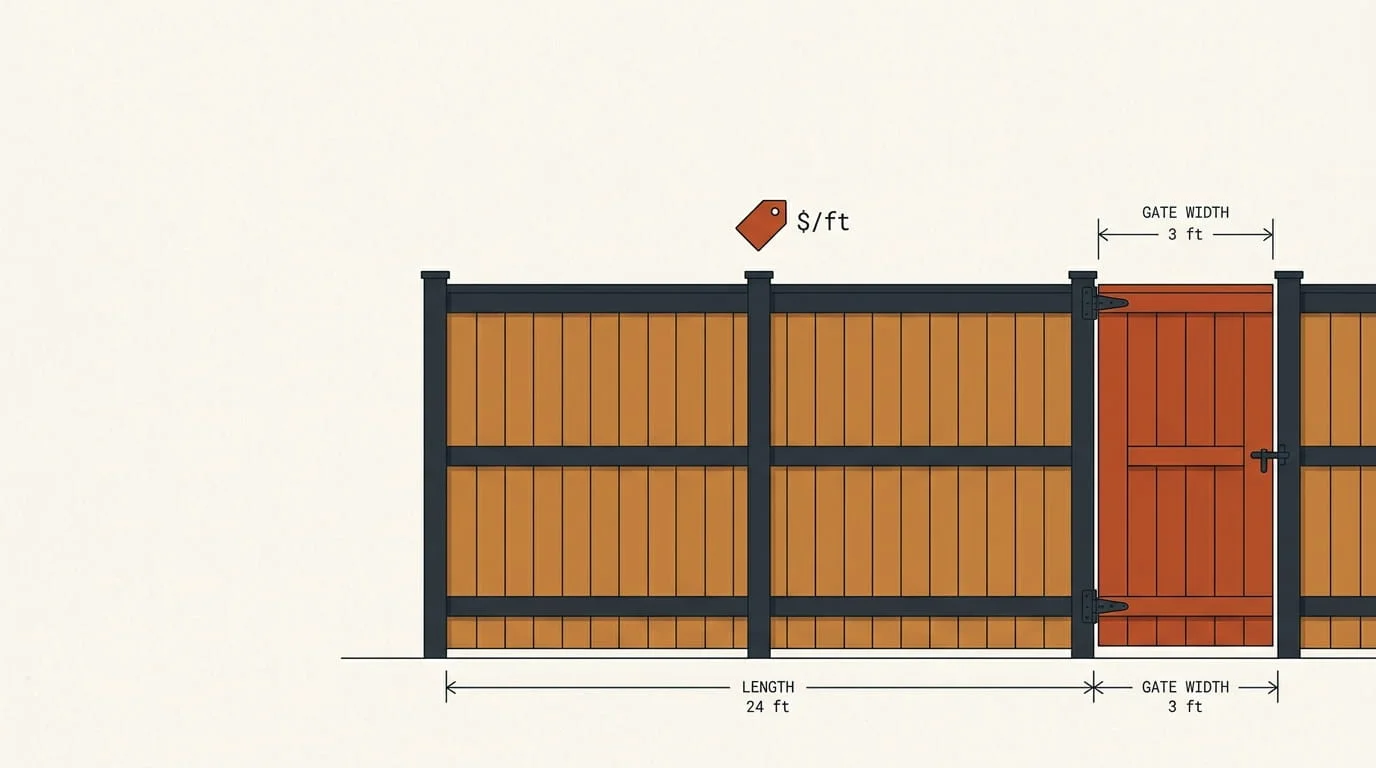 Wood fence cost calculator diagram showing fence length and price per linear foot